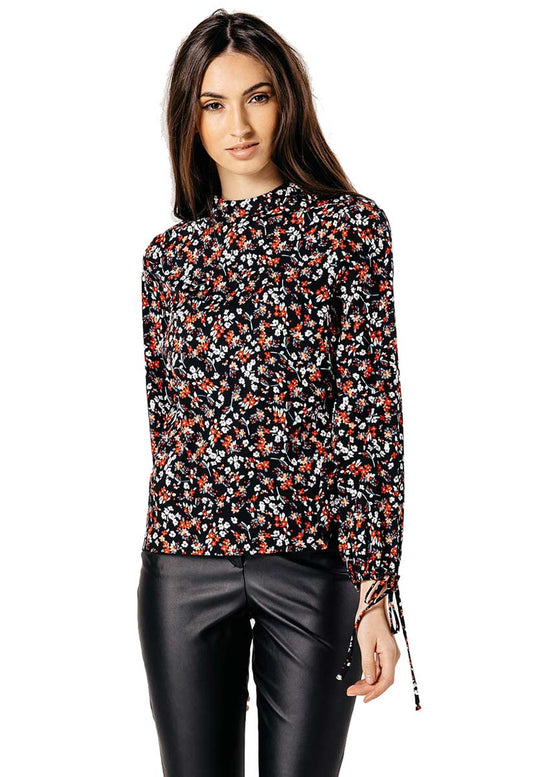 Black Floral High Neck Balloon Sleeve Blouse