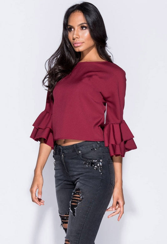 Wine Bell Sleeve Round Neck Blouse Top