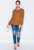 Dark Mustard Skinny Rib Ruffle Knit Sleeve Top