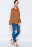 Dark Mustard Skinny Rib Ruffle Knit Sleeve Top