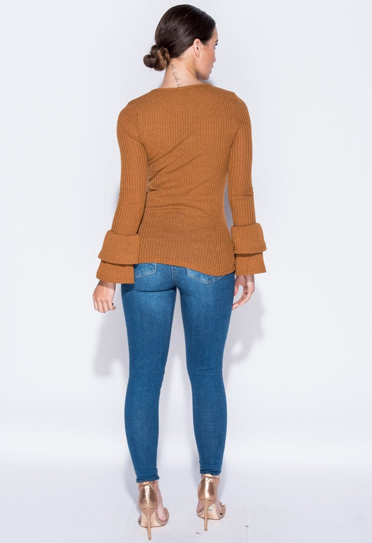 Dark Mustard Skinny Rib Ruffle Knit Sleeve Top