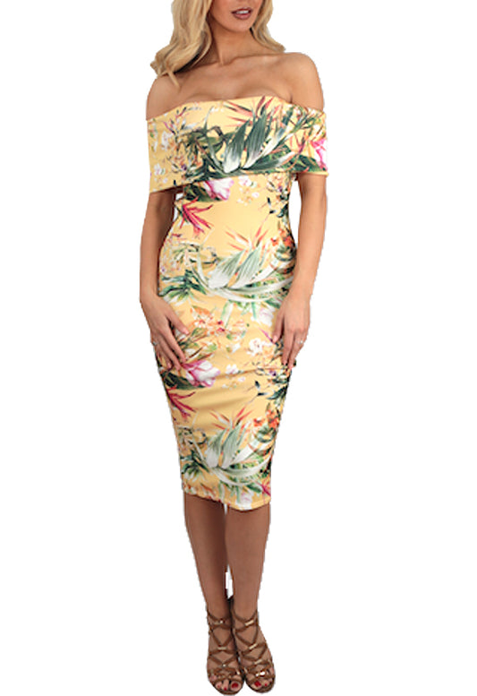 Yellow Backless Tropical Bardot Midi Dress