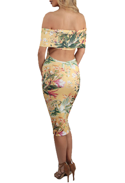 Yellow Backless Tropical Bardot Midi Dress