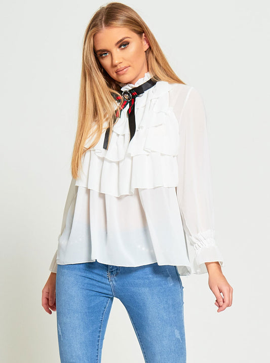 Cream Layered Ruffle Brooch Full Sleeve Top