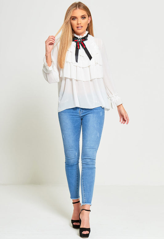 Cream Layered Ruffle Brooch Full Sleeve Top