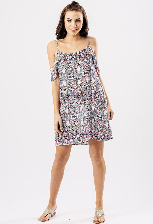 Paisley Print Cold Shoulder Mini Swing Dress