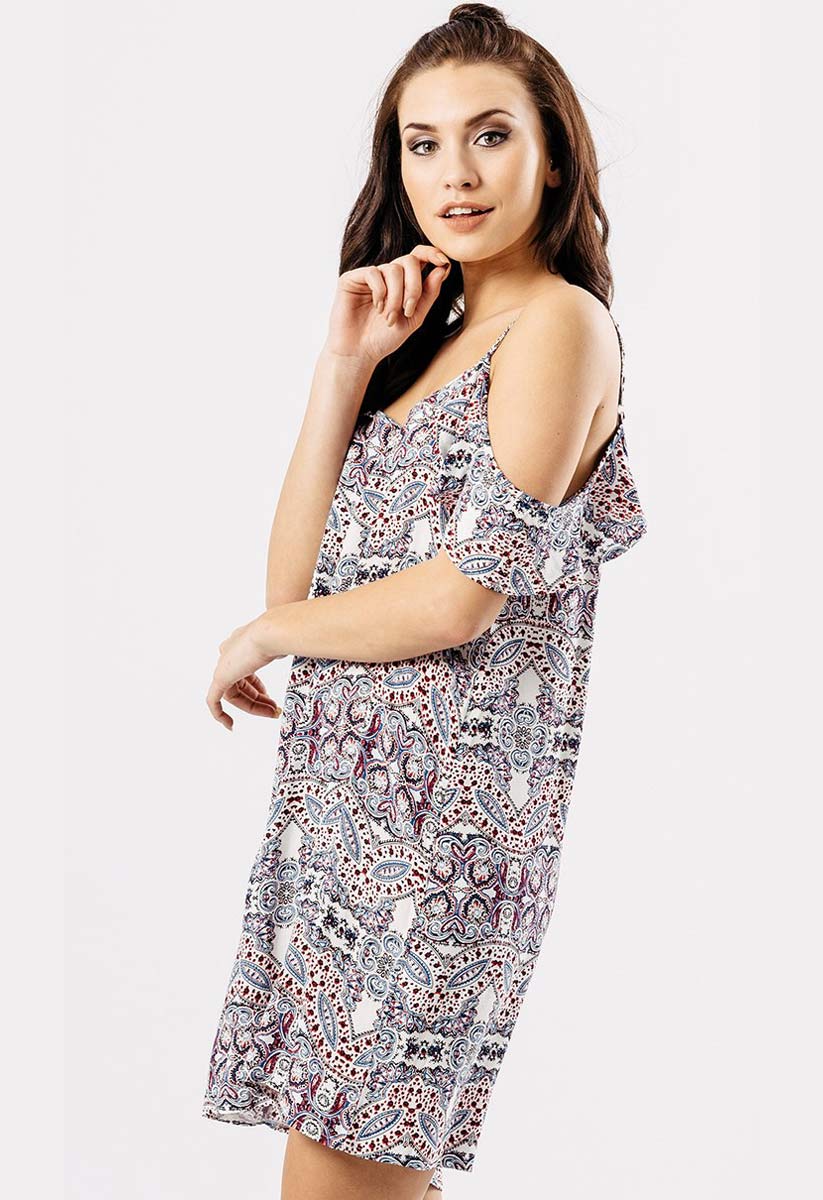 Paisley Print Cold Shoulder Mini Swing Dress