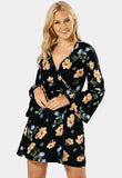 Black Flared Sleeve Frill Wrap Mini Floral Dress