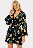 Black Flared Sleeve Frill Wrap Mini Floral Dress