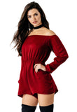 Wine Long Sleeve Satin Bardot Playsuit