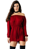 Wine Long Sleeve Satin Bardot Playsuit