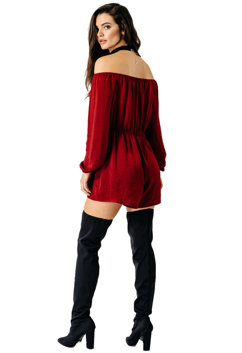 Wine Long Sleeve Satin Bardot Playsuit