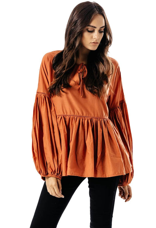 Orange Balloon Sleeve Smock Top