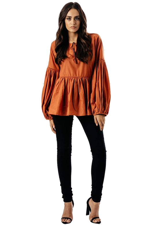 Orange Balloon Sleeve Smock Top