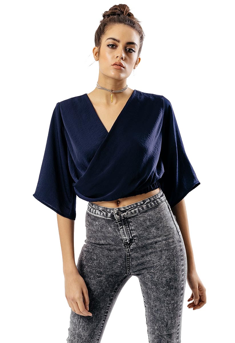 Navy Wrap Front Crop Top