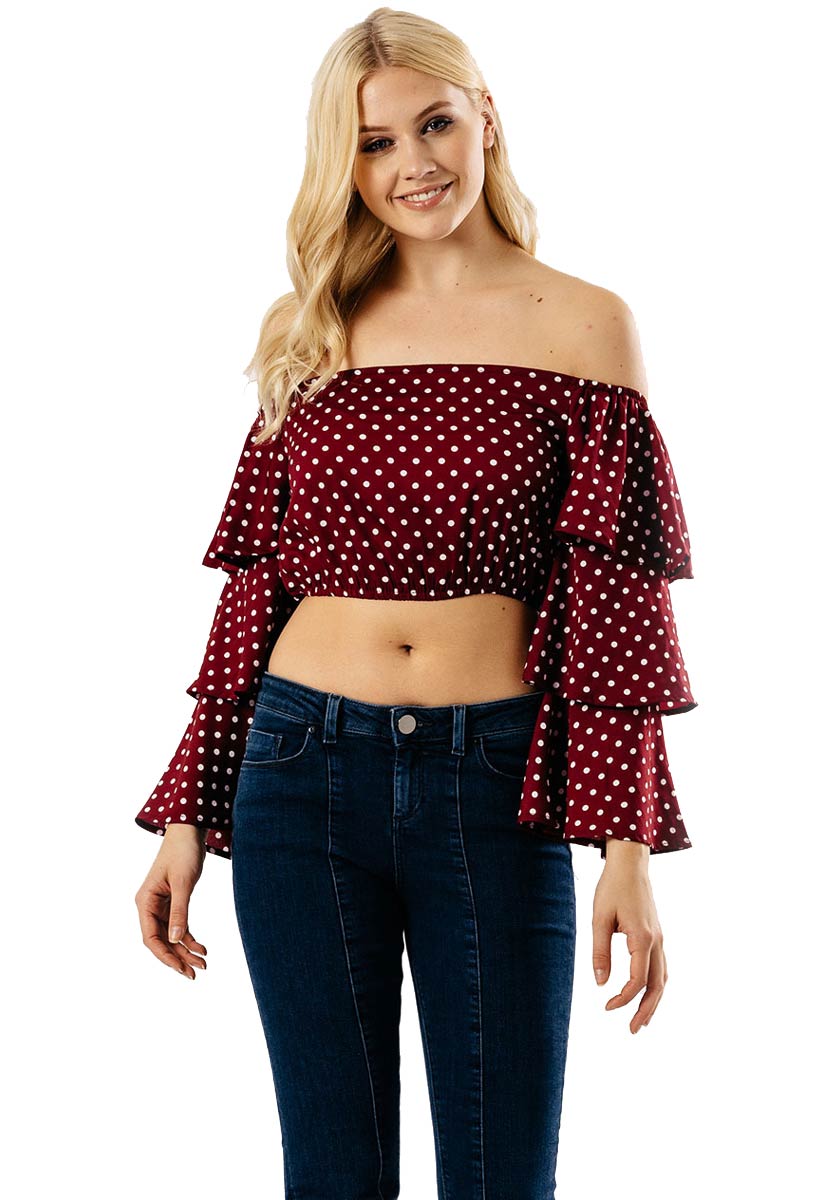 Wine Bardot Tier Sleeve Crop Top