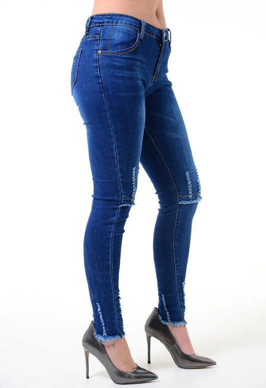 Knee Ankle Stitched Dark Denim Blue Jeans