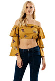 Mustard Floral Bardot Tier Sleeve Crop Top