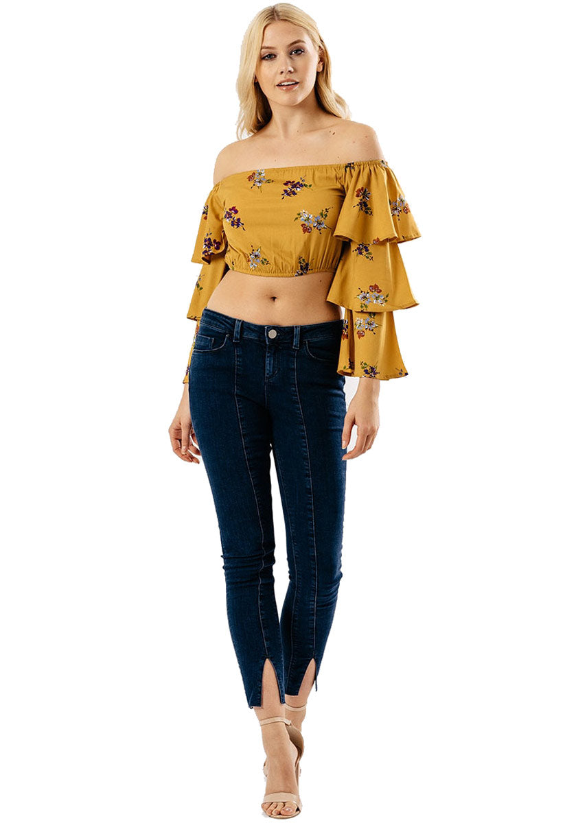 Mustard Floral Bardot Tier Sleeve Crop Top