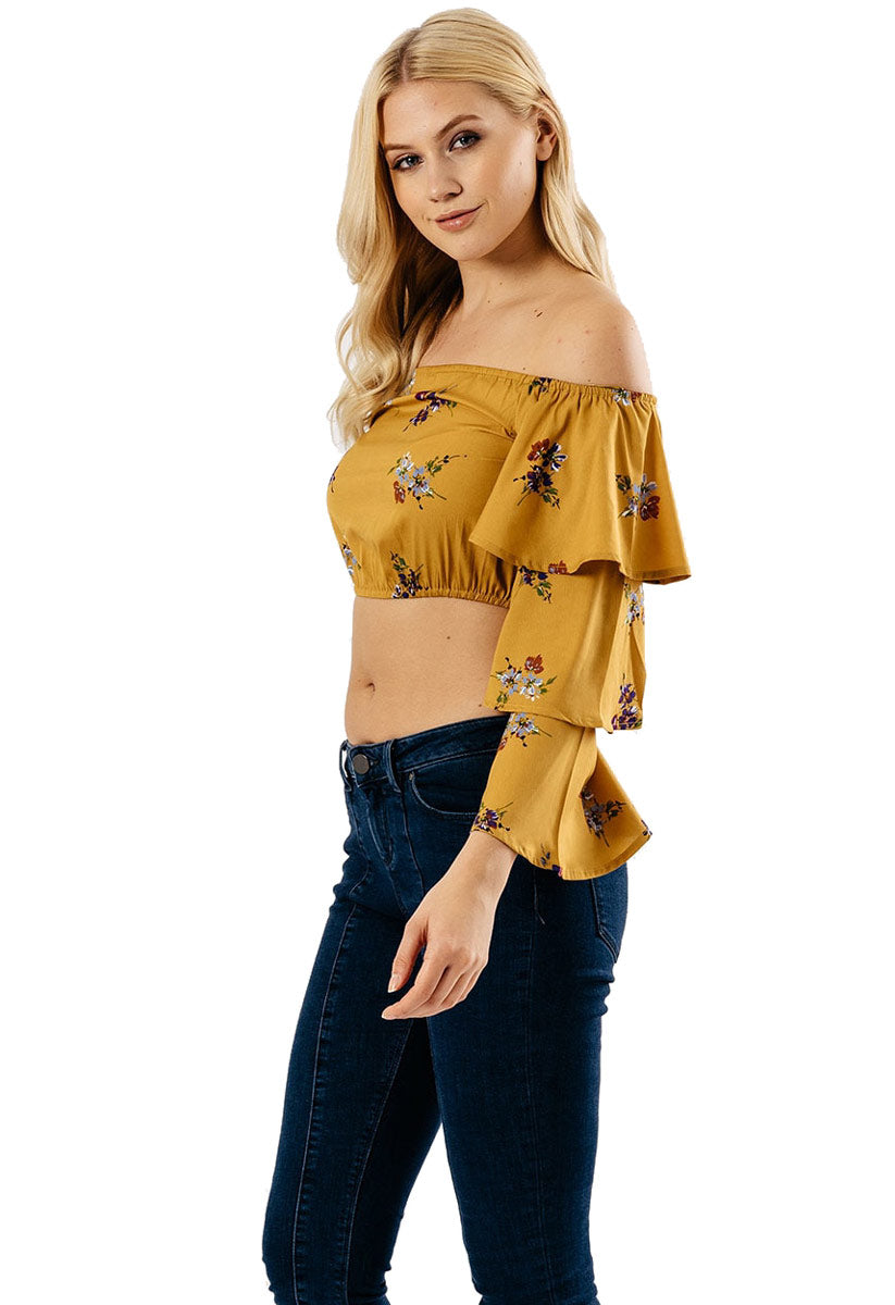 Mustard Floral Bardot Tier Sleeve Crop Top