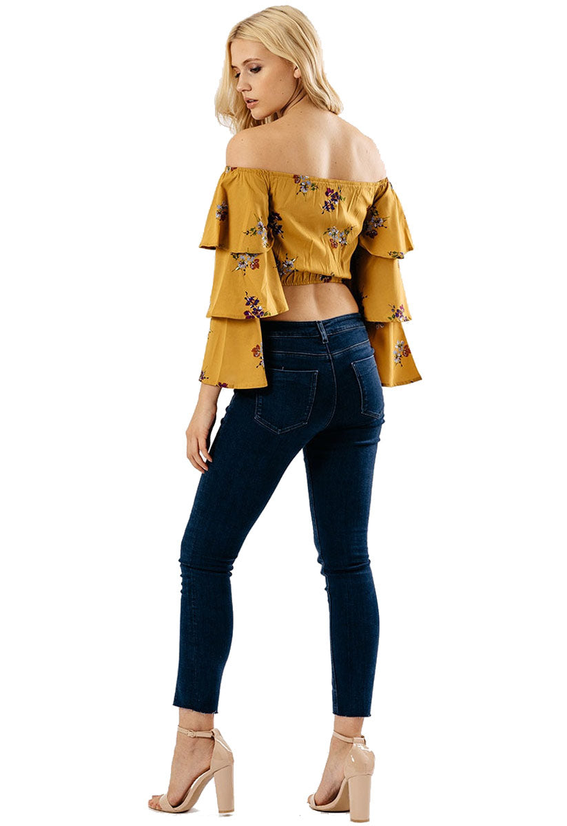 Mustard Floral Bardot Tier Sleeve Crop Top