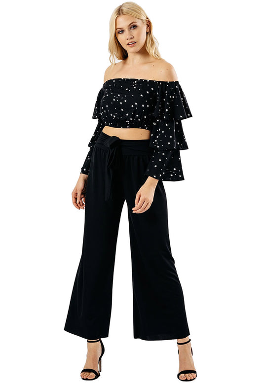 Black Floral Bardot Tier Sleeve Crop Top