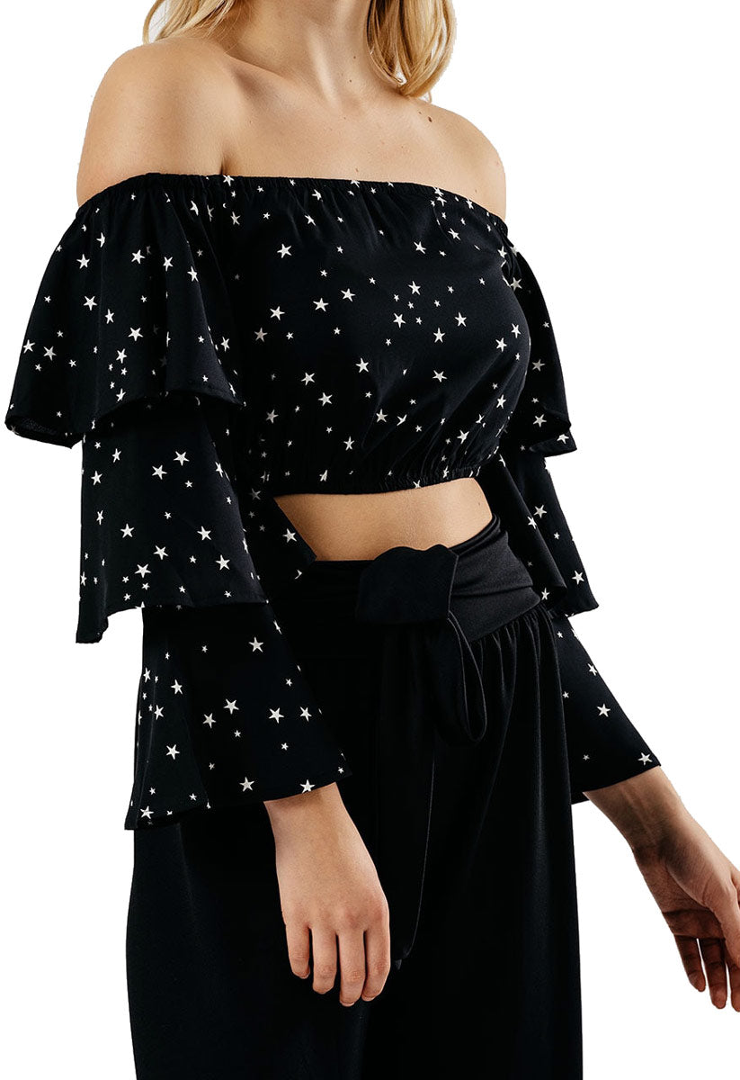 Black Floral Bardot Tier Sleeve Crop Top