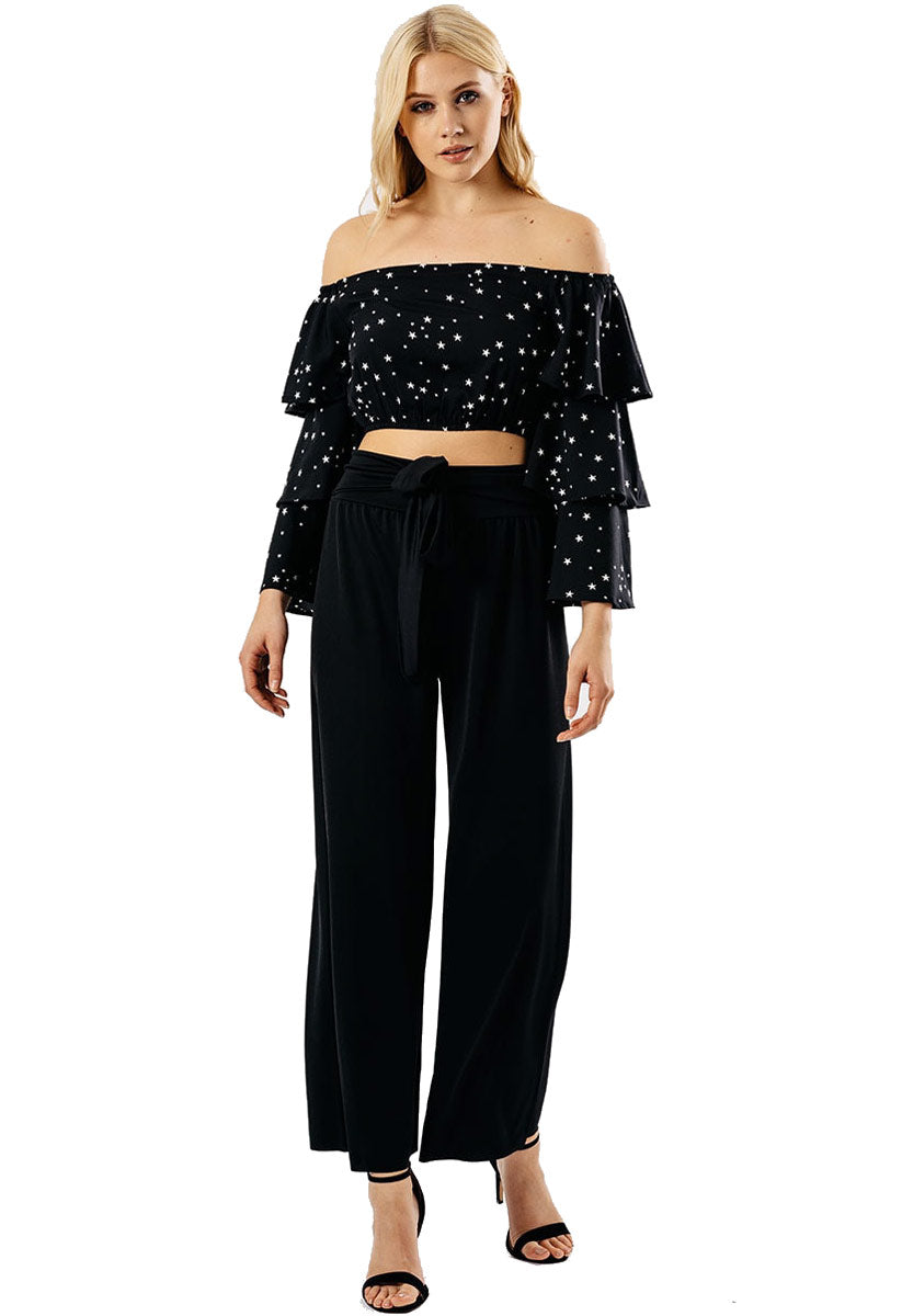 Black Floral Bardot Tier Sleeve Crop Top