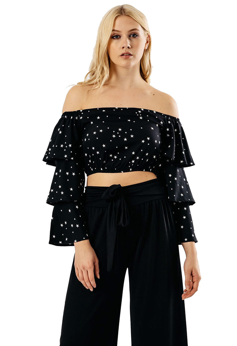 Black Floral Bardot Tier Sleeve Crop Top