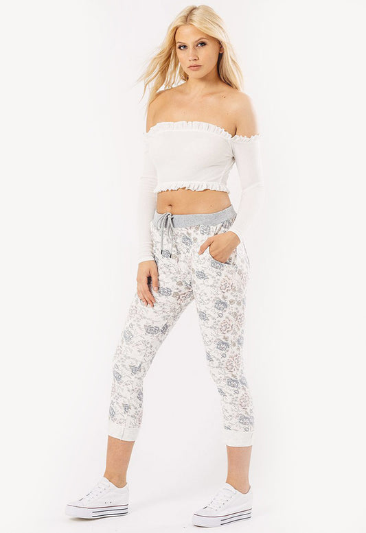 Cream Floral Print Drawstring Bottoms