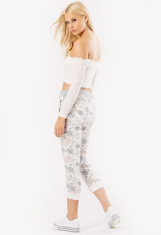 Cream Floral Print Drawstring Bottoms