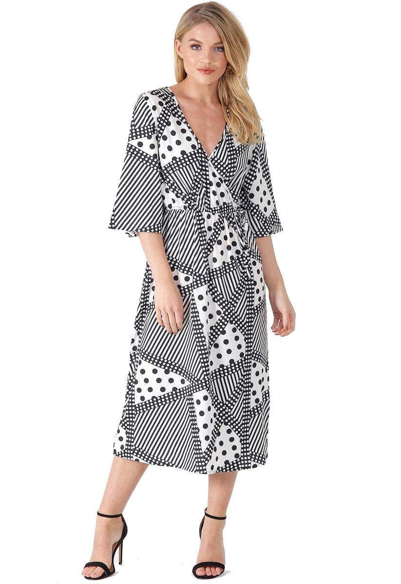 Black and White Tie Waist Wrap Maxi Dress