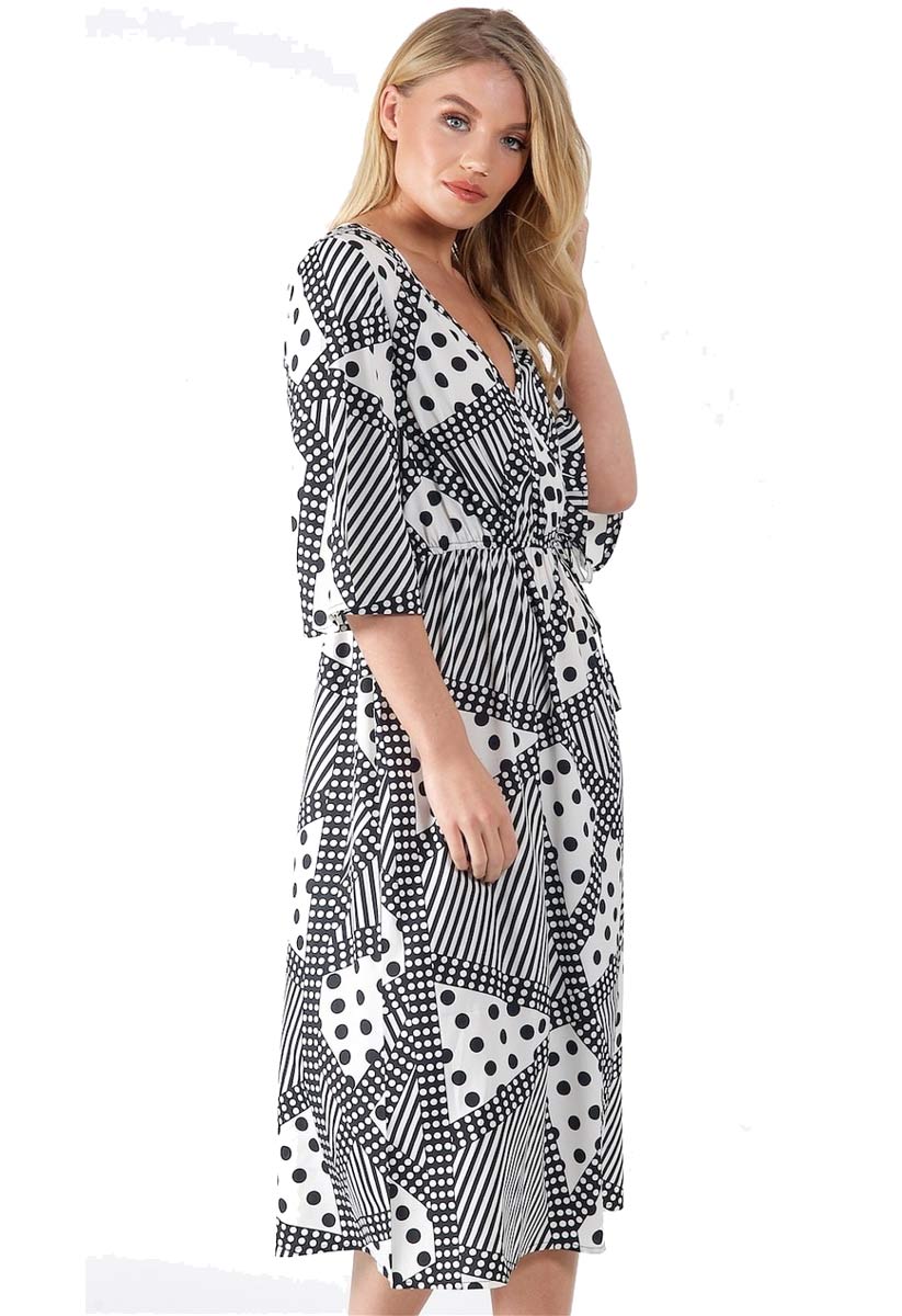 Black and White Tie Waist Wrap Maxi Dress