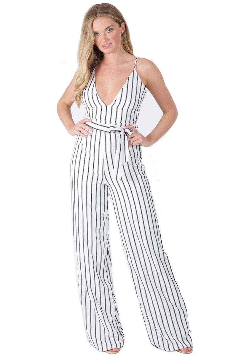 Tall White Pinstripe Wide Leg Jumpsuit