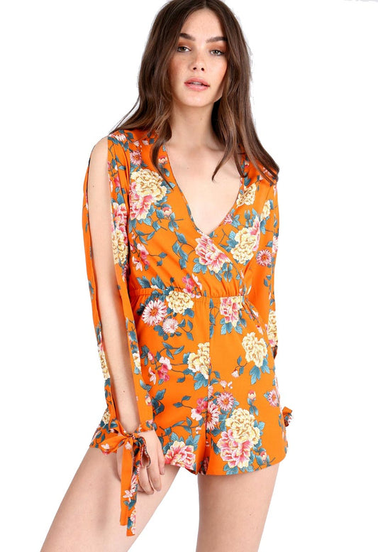 Orange Floral Self Tie Sleeve Playsuit