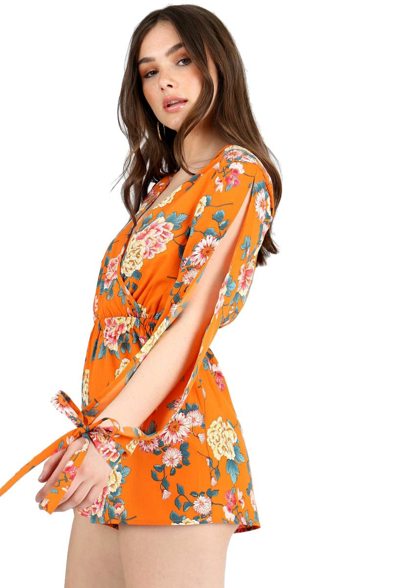 Orange Floral Self Tie Sleeve Playsuit