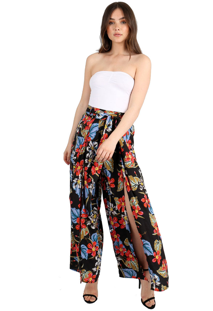 Black Floral Print Front Split Trousers