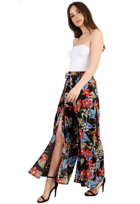 Black Floral Print Front Split Trousers