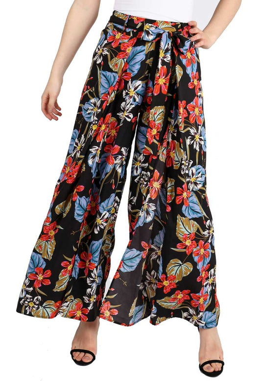 Black Floral Print Front Split Trousers