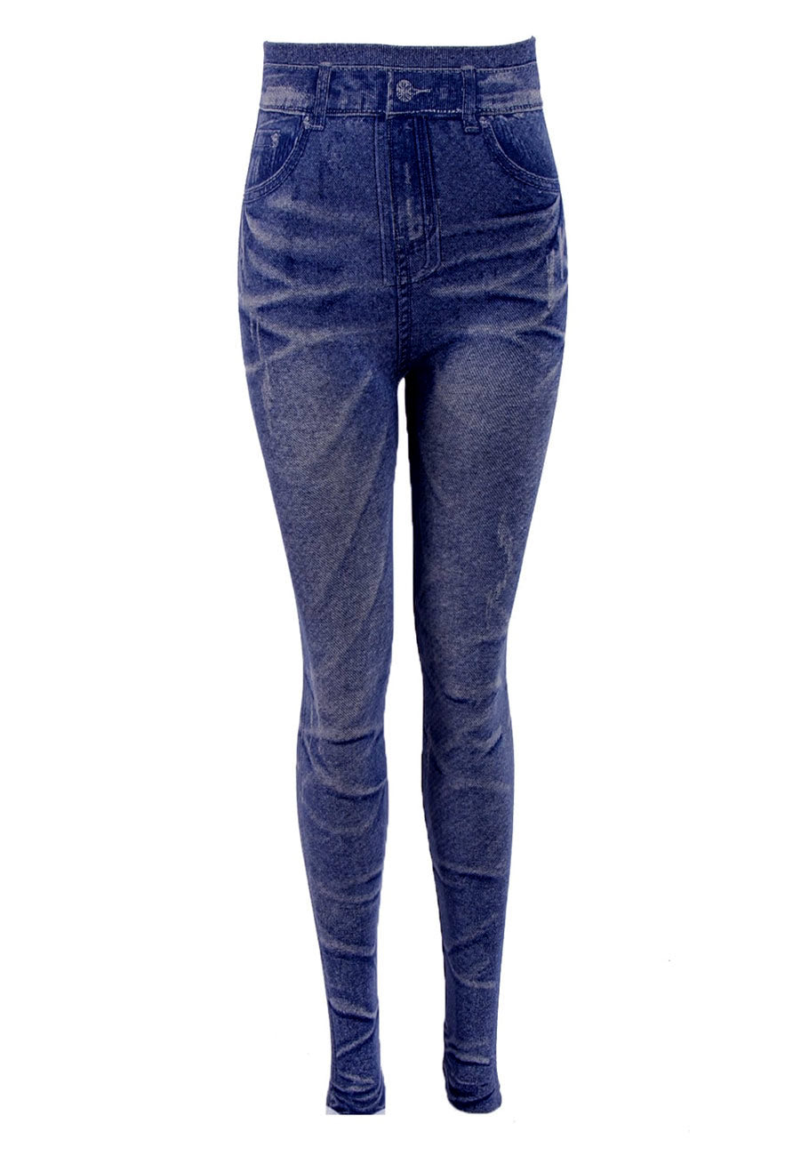 Woven High Waist Stretchy Dark Blue Denim Look Leggings