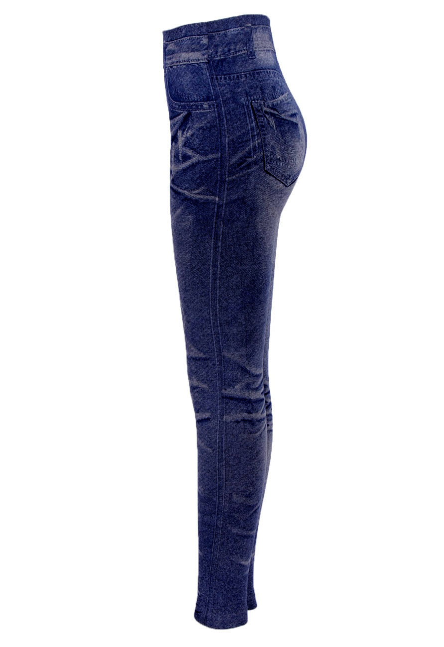 Woven High Waist Stretchy Dark Blue Denim Look Leggings