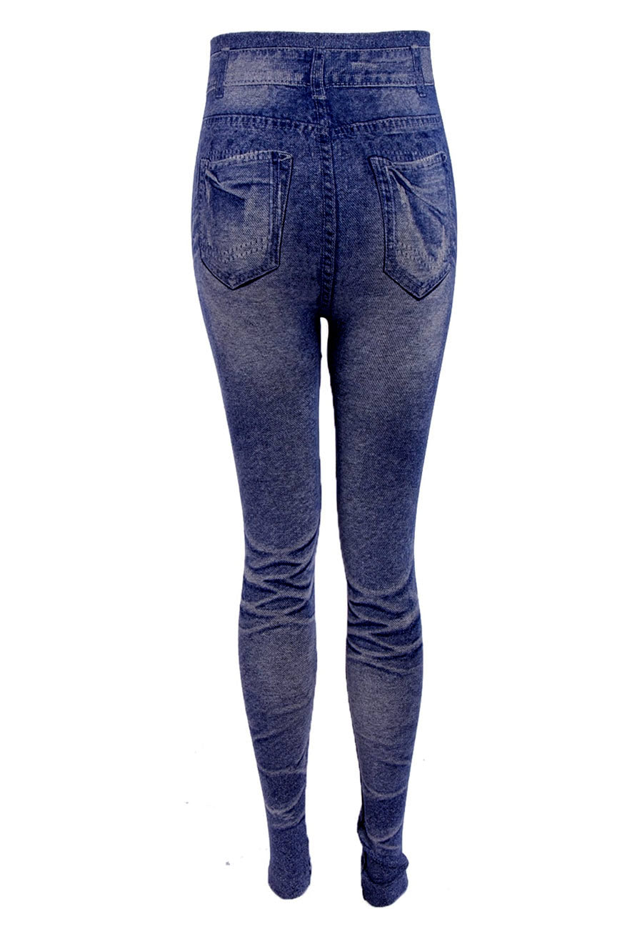 Woven High Waist Stretchy Dark Blue Denim Look Leggings