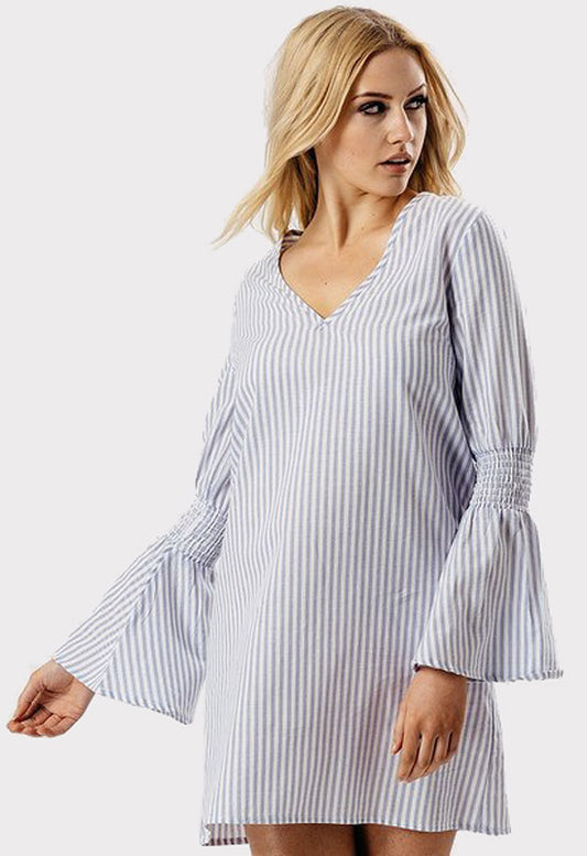 Blue Stripe Flute Sleeve Mini Dress