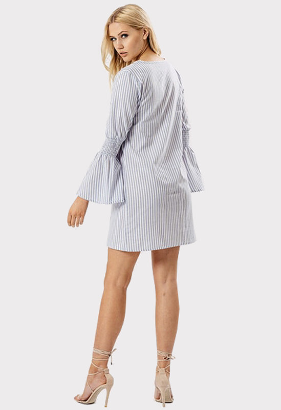 Blue Stripe Flute Sleeve Mini Dress