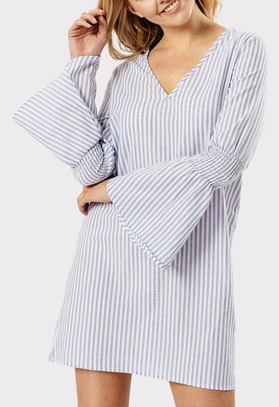 Blue Stripe Flute Sleeve Mini Dress