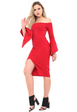 Red Bell Sleeve Bardot Split Hem Midi Dress