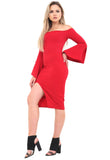 Red Bell Sleeve Bardot Split Hem Midi Dress