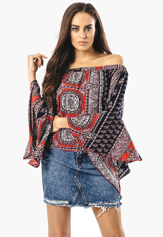 Multi Paisley Bardot Top With Flute Sleeves