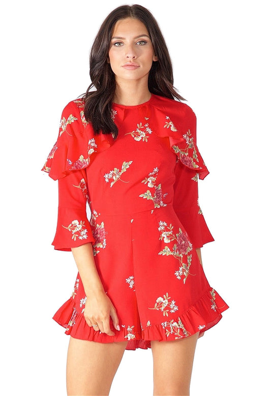 Red Floral Ruffle Shoulder Playsuit