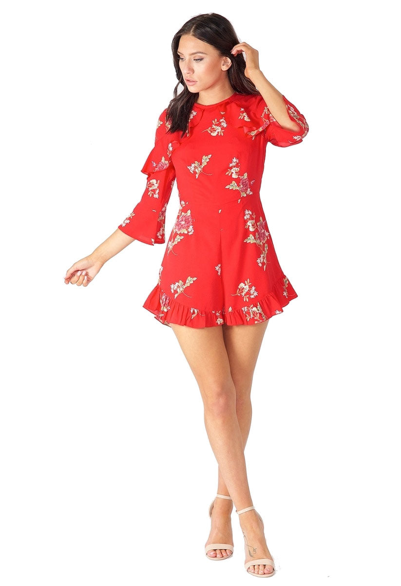 Red Floral Ruffle Shoulder Playsuit